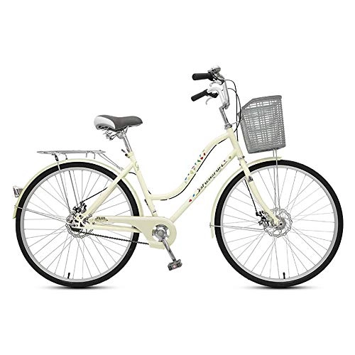 Comfort Bike : JHKGY Single Speed Comfort Bikes for Men Women, Single Speed Beach Cruiser Bike, Comfortable Commuter Bicycle, High-Carbon Steel Frame, Front Basket & Rear Racks, beige, 26 inch