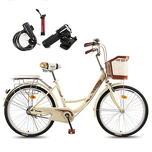 Comfort Bike : Ladies and Girls Lightweight Bicycle, Commuter Bike - 24"With Basket, Flashlight, pump, installation tool, lock.Five Colors To Choose, Beige