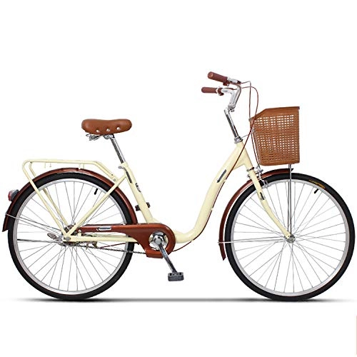 Comfort Bike : Ladies Bike, Cruiser Bike Vintage Classic Bike with Bike Basket Retro Leisure Urban Road Aluminum Frame Drivetrains for Women's And Men's Bicycle Dutch Bike, Beige, 26