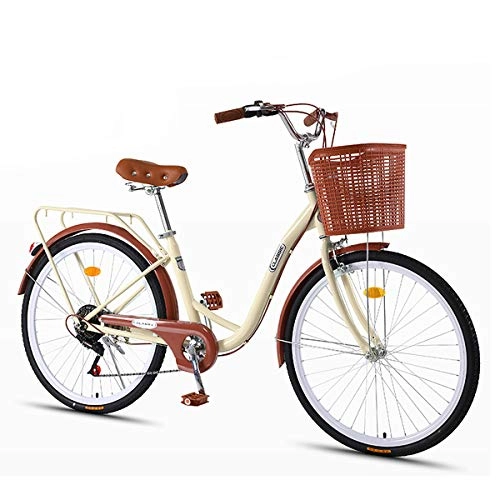 Comfort Bike : Lady's Urban Bike 7 Speed, Vintage Bike Classic Bicycle Retro Bicycle Leisure Women's And Men's Bicycle Dutch Bike Adults Young People Student, Beige, 26