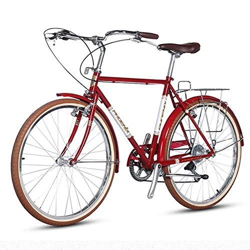 Comfort Bike : MJY Retro Road Bike, Women High-Carbon Steel 7 Speed City Commuter Bicycle, Quick Release, Double V Brake, Perfect for Road or Dirt Trail Touring, Red