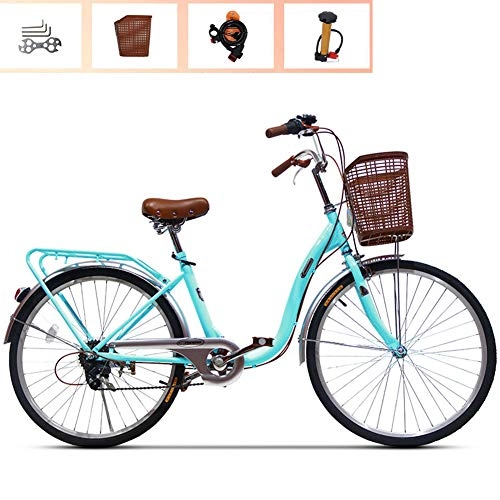 Comfort Bike : Ti-Fa Women's bicycle City leisure Bicycle Aluminum Cruiser Bike 24" 6 speed shift V brakes city light commuter retro ladies adult with car basket