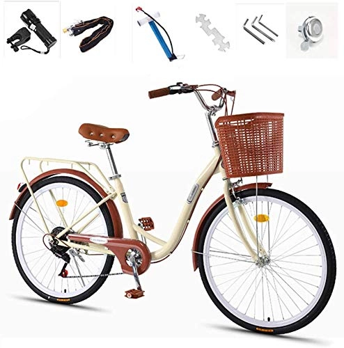 Comfort Bike : ZJWD 24" City Leisure Bicycle Adults, High Carbon Steel Frame Commuter Ladies Bike, Classic Retro Bicycle, Including Basket Flashlight, Inflator, Anti-Theft Lock