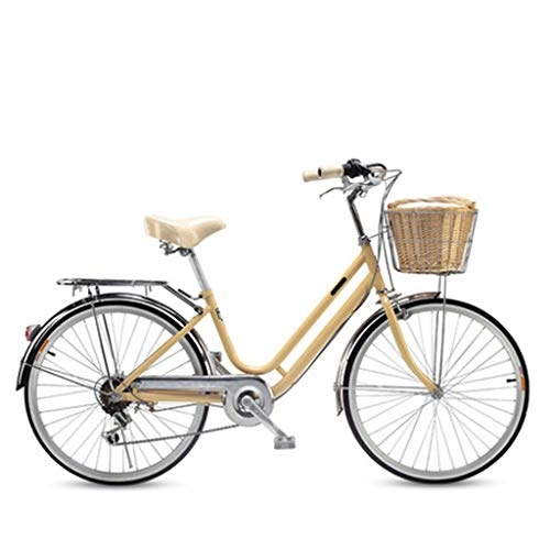Comfort Bike : ZXLLO 24in Wheel 6-speed Shimano Bike For Women City Bike Suitable For Commuting And Playing With Imitation Rattan Basket, Yellow