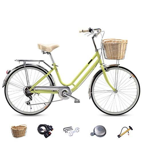 Comfort Bike : ZXLLO Womens Bike With Basket 6-speed Shimano City Bike 24in Wheel Suitable For Commuting And Playing With Imitation Rattan Basket, Green