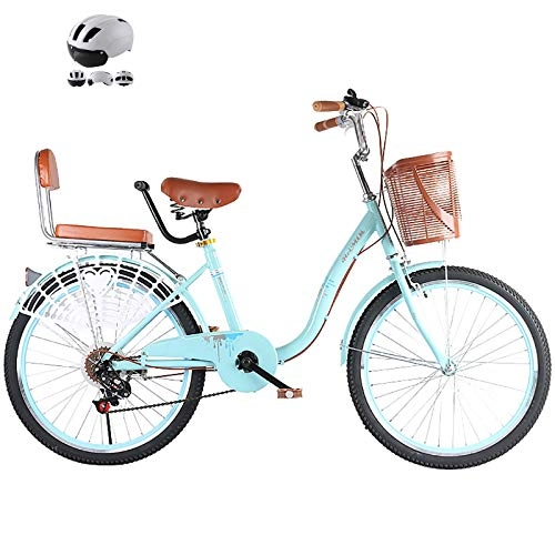 Comfort Bike : ZZD 20 22 24-inch City Comfort Bike, 6-speed Carbon Steel Commuter Bike with Child Back Seat and Rubber Tires, for Outdoor Cycling, Work, Outing, Etc, Blue, 22in