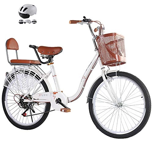 Comfort Bike : ZZD 20 22 24-inch City Comfort Bike, 6-speed Carbon Steel Commuter Bike with Child Back Seat and Rubber Tires, for Outdoor Cycling, Work, Outing, Etc, White, 22in
