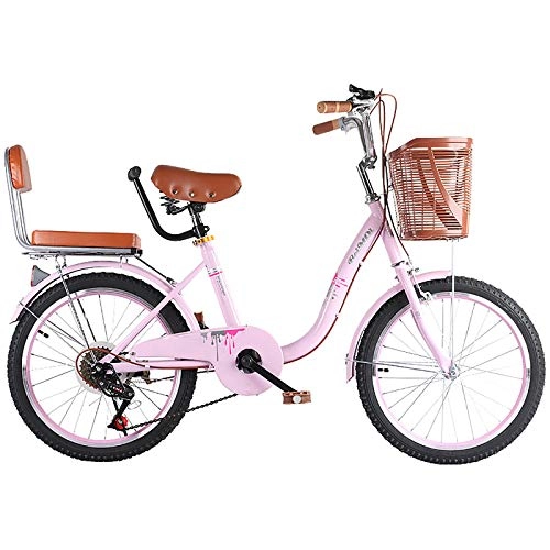 Comfort Bike : ZZD 20 22 24-inch Parent-child Comfortable Bicycle, 6-speed City Commuter Bicycle with Dual Brakes and Enlarged Front Basket, for Outdoor Outings, Pink, 20in