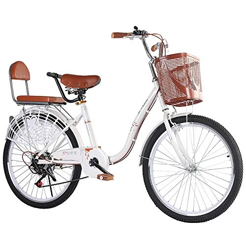 Comfort Bike : ZZD 20 22 24-inch Parent-child Comfortable Bicycle, 6-speed City Commuter Bicycle with Dual Brakes and Enlarged Front Basket, for Outdoor Outings, White, 22in
