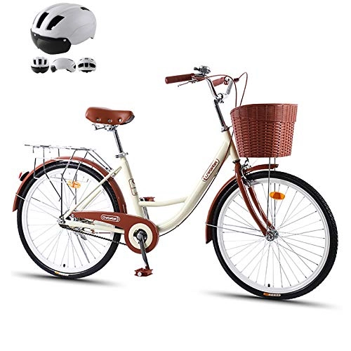 Comfort Bike : ZZD 20 24 26 inchLady's Urban Bike, Vintage Bike Classic Bicycle Retro Bicycle Leisure Women's and Men's Bicycle with Helmet and Dual Brakes, Beige, 26in