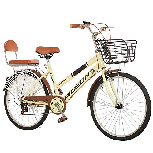 Comfort Bike : ZZD 22 / 24 / 26 Inch 7 Speed Women's Commuter Bicycle, Comfort Bike Beach Cruiser City Bike with Front Basket and Back Seat for Outdoor Commuting and Outings, Beige, 24in