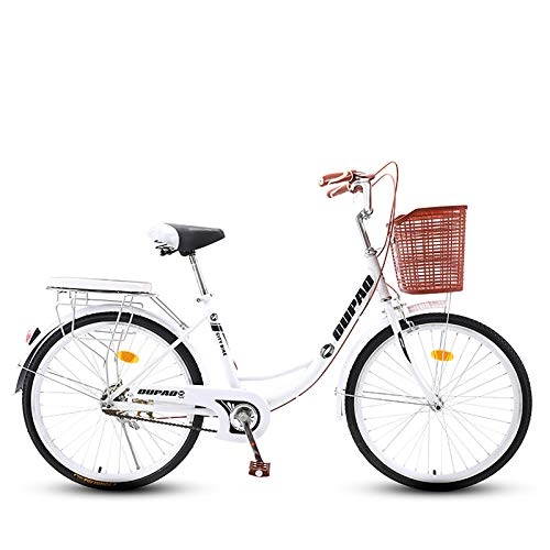 Comfort Bike : ZZD 24 / 26 Inch Ladies Carbon Steel City Commuter Bike, Retro Classic Adult Bike with Large Capacity Shopping Basket and Dual Brakes, for Outdoor Cycling, White, 26in