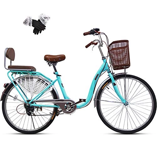 Comfort Bike : ZZD 24-inch Women's Comfortable Bicycle, 6-speed Ladies City Commuter Bike, with Winter Gloves and Front Basket, Suitable for 145-165cm