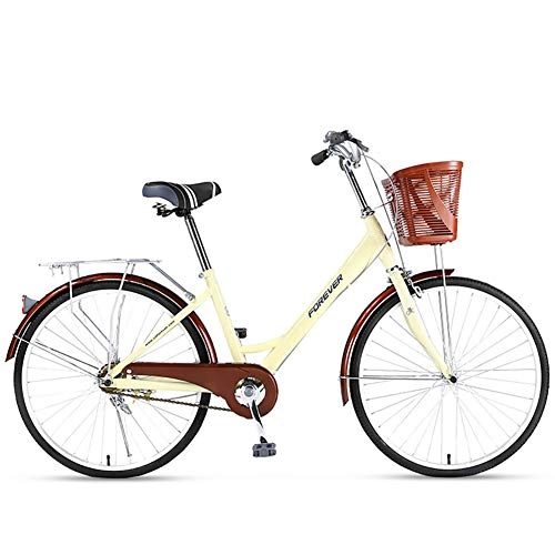 Comfort Bike : ZZD 24-inch Women's Comfortable City Bike, Unisex Commuter Bike, with Basket and Bells, Lightweight Aluminum Alloy Bike for Work and Outdoor Cycling, Beige