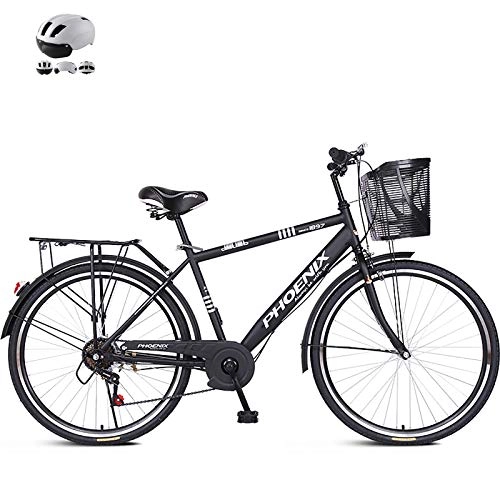Comfort Bike : ZZD 26-inch 7 Speed City Commuter Bike, Turn Handlebar to Change Speed, Ladies Comfortable Cruiser Bike with Dual Brakes and Helmet, for Outdoor and Work, Matte Black