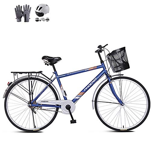 Comfort Bike : ZZD Carbon Steel Adult Comfort Bike with Helmet, Men's Women's 26-inch City Commuter Bike with Warm Gloves, Rear Seat Frame and Dual Brakes, Blue