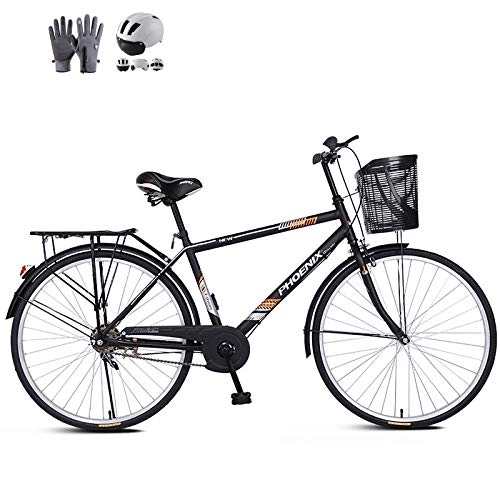 Comfort Bike : ZZD Carbon Steel Adult Comfort Bike with Helmet, Men's Women's 26-inch City Commuter Bike with Warm Gloves, Rear Seat Frame and Dual Brakes, Matte Black