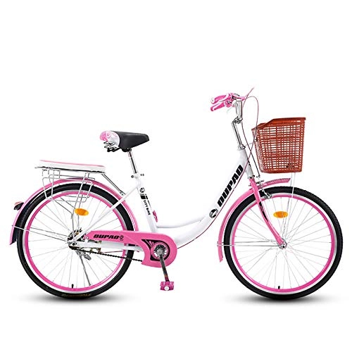 Comfort Bike : ZZD Lady's Urban Bike, Vintage Bike Classic Bicycle Retro Bicycle, Women's and Men's Leisure Bicycle with Front basket and back seat, Pink, 24in