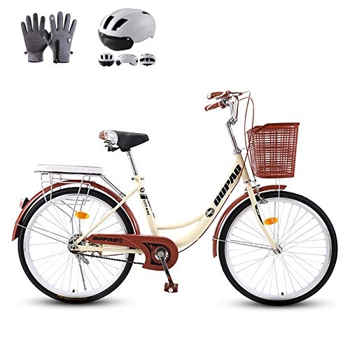 Comfort Bike : ZZD Women's Bike, Comfort Lady Girl Bike Outdoor Sports City Urban Bicycle with Front Basket and Dual Brakes, Warm Gloves and Helmet, Beige, 20in