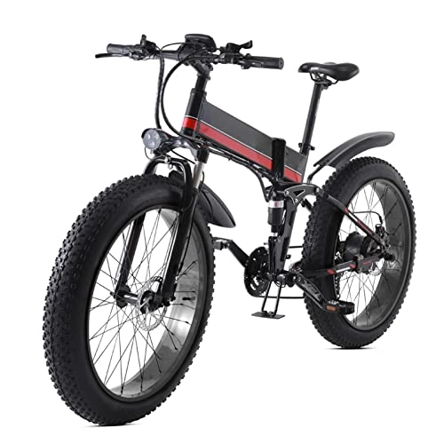 Electric Bike : 1000W Foldable Electric Bike for Adults 24MPH, 26 Inch Mountain Fat Tire Electric Bicycle 48V 12.8Ah 21 Speed Folding E-Bike (Color : Red)