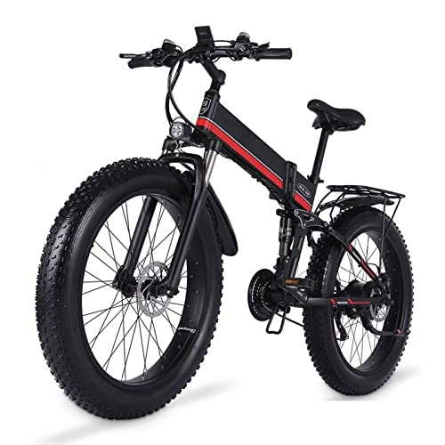 Electric Bike : 1000W Folding Electric Bike for Adults 26" Fat Tire Mountain Beach Snow Bicycles 21 Speed Gear E-Bike with Detachable Lithium Battery 48V 12.8AH Up to 24.8MPH (Color : Red, Size : 1000W)