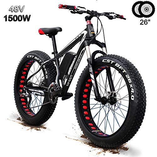 Electric Bike : 26'' Electric Mountain Bike Fat Tire Electric Snow Ebike 48V Li-ion Battery 1500w Rear Wheel Motor Hydraulic E-MTB Black