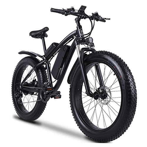 Electric Bike : 26 ”Fat Tire Electric Bike 1000W Electric Mountain Bike 48V 17Ah Removable Lithium Battery 24.8MPH Bike Powerful Ebike for Cycling Enthusiasts (Color : Black, Number of speeds : 21)