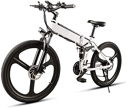Electric Bike : 26 in Electric Bike for Adults 350W Folding Mountain E-Bike with 48V10AH Removable Lithium-Ion Battery, Aluminum Alloy Double Suspension Bicycle Maximum Speed 35Km / H (Color : White)