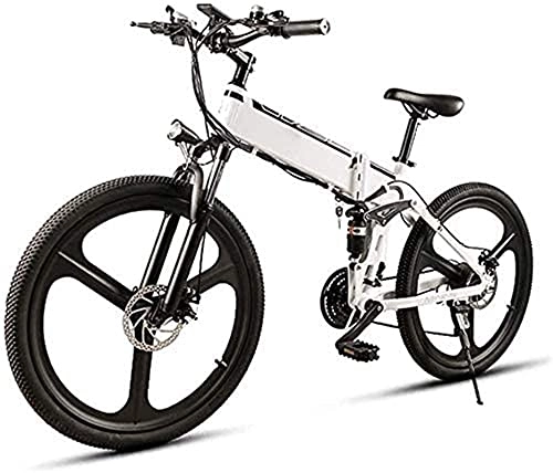 Electric Bike : 26-inch 21-Speed Electric Snow Bike 350W Folding Mountain Electric Bike with 48V10AH Removable Lithium-ion Battery, Aluminum Alloy Double Suspension Bike, Maximum Speed 35Km / H (Color : White)