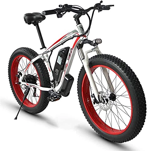 Electric Bike : 48V 350W Electric Bike Electric Mountain Bike 26Inch Fat Tire E-Bike Hybrid Bicycle 21 Speed 5 Speed Power System Mechanical Disc Brakes Lock Front Fork Shock Absorption (Color : Red)