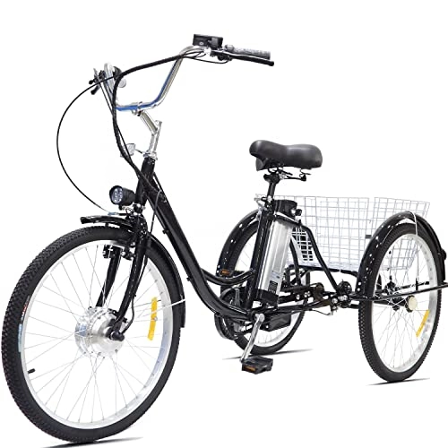 Electric Bike : Adult Tricycle Electric 24inch 3 Wheel Bicycle 36V12AH Removable Lithium Battery with Large Shopping Cart Basket Comfortable Cruiser Three Wheel Max Load 330 lbs(black)