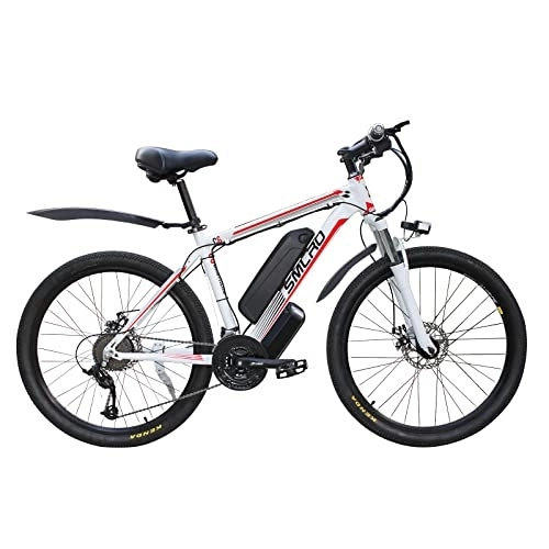 Electric Bike : AKEZ Electric Bike for Adult, 26" Ebike for Men, Electric Hybrid Bicycle MTB All Terrain, 48V / 10Ah Removable Lithium Battery Road Mountain Bike, for Cycling Outdoor Travel Work Out (white red 500)