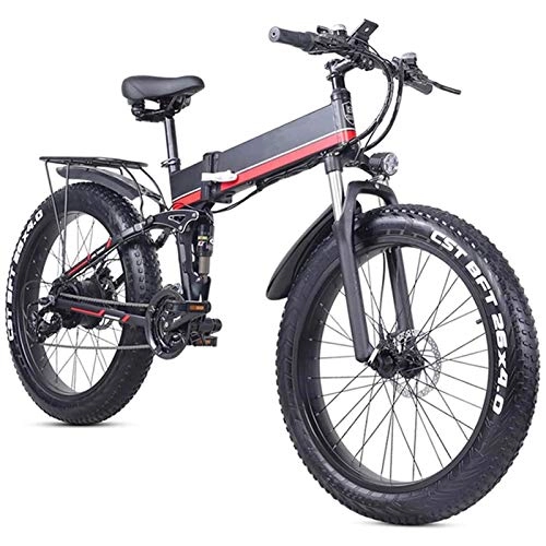 Electric Bike : Amantiy Electric Mountain Bike, 26 Inch Fat Tire Electric Bike for Adults Snow / Mountain / Beach Ebike, Motor 1000W, 21 Speed Beach Snow E-Bike with Rear Seat Electric Powerful Bicycle (Color : Red)