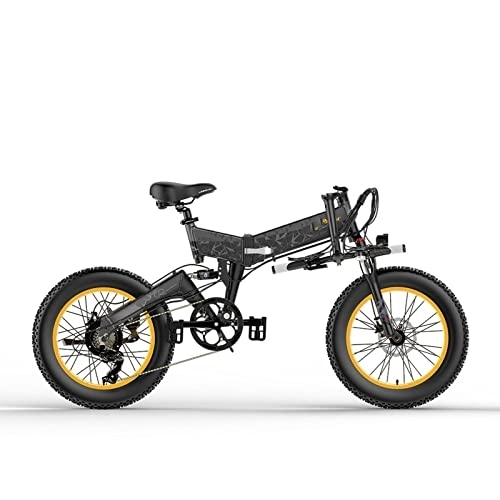 Electric Bike : BEDRE Adult Electric Bicycles, Folding Electric Bicycle Mens Mountain Bike ebike Snow Electric Bike Cycling E Bike (Color : Yellow)