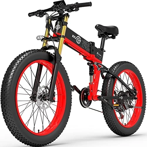 Electric Bike : Bezior Fat Tire Electric Bike X PLUS, 48V 17.5AH 26"x 4"Electric Mountain Bike Folding Electric Bike for Adults Shimano 9-Speed 3 Riding Modes, Red