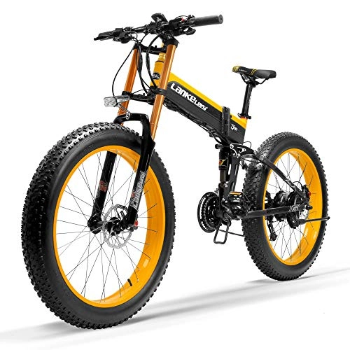 Electric Bike : bicycle Mountain bike 27 Speed 1000W Folding Electric Bike 26*4.0 Fat Bike 5 PAS Hydraulic Disc Brake 48V 10Ah Removable Lithium Battery Charging, (Black Yellow Upgraded, 1000W + 1 Spare Battery)