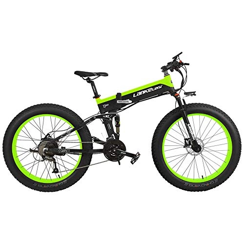 Electric Bike : bicycle Mountain bike 27 Speeds 1000W Folding Electric Bicycle 26 * 4.0 Fat Bike 5 PAS Hydraulic Disc Brake 48V 10Ah Removable Lithium Battery Charging (Black Green Standard, 1000W + 1 Spare Battery)