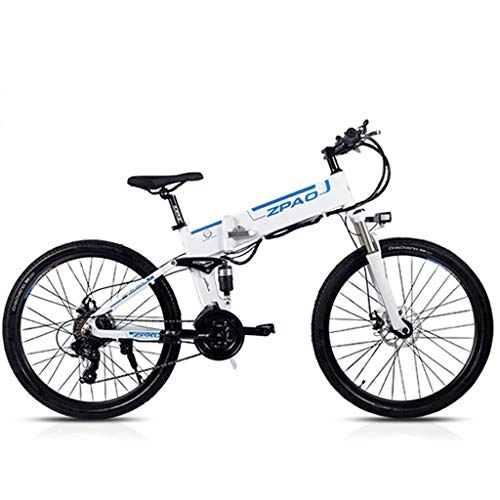 Electric Bike : BNMZXNN 26-inch folding electric bike, mountain bike, 48V15ah, 350W, double suspension and 21-speed Shimano (removable lithium battery), White vintage wheel-26 inches