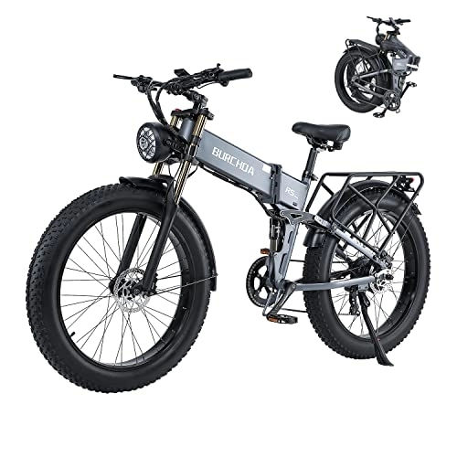 Electric Bike : BURCHDA Electric Bikes, R5pro Folding Electric Mountain Bike, 26"*4" Fat Tire Electric Mountain Bike 48V 16Ah Removable Battery, LCD Display, Shimano 8 Speed（Grey）