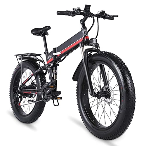 Electric Bike : bzguld Electric bike 1000w Foldable Electric Bike 28 Mph Electric Bicycle 26 Inch Fat Tire with Lcd Display 48v Removable Lithium Battery E Bikes for Adults (Color : Red, Speeds : 21)