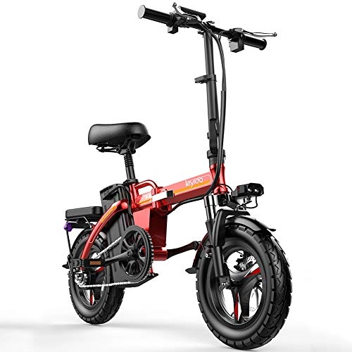 Electric Bike : CHEER.COM Electric Bicycle 48V Removable Lithium Battery 14 Inch Wheels LED Battery Light Silent Motor Folding Portable Lightweight With USB Charging Port For Adult, 150to300KM-Red