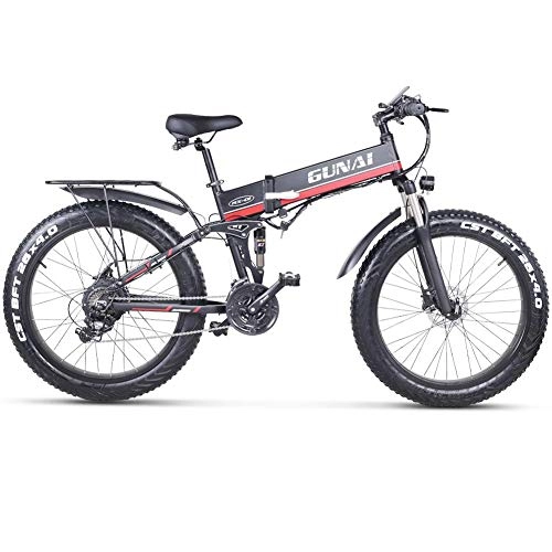 Electric Bike : CJH Bicycle, Bike, Mountain Bike, Electric Bike 26 Inches Folding Fat Tire Snow Bike 12Ah Li-Battery 21 Speed Beach Cruiser Mountain E-Bike with Rear Seat, Red