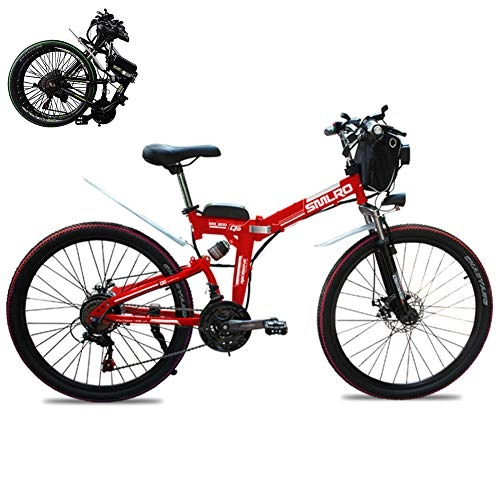 Electric Bike : Country Mountain electric bike 26" Electric folding Hybrid Bike 21 Speed Gear Disc Brakes Smart Ebike for Mens (48V 350W) Removable Lithium-Ion Battery, Red