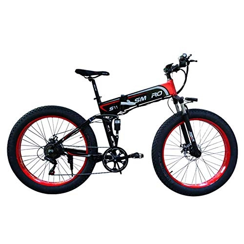 Electric Bike : CXY-JOEL 26 Inches Folding Fat Tire Electric Bike, 350W Motor Adult Electric Mountain Bike Removable 48V / 10Ah Battery 7 Speed Aluminum Frame, Black Red, Black Red
