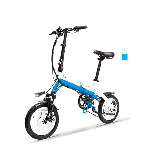 Electric Bike : CXY-JOEL Adults Folding Electric Bike, Double Shock 14 inch Mini City Ebike Aluminum Alloy Frame Dual Disc Brakes 6 Speed with with Car Basket, White, White Blue