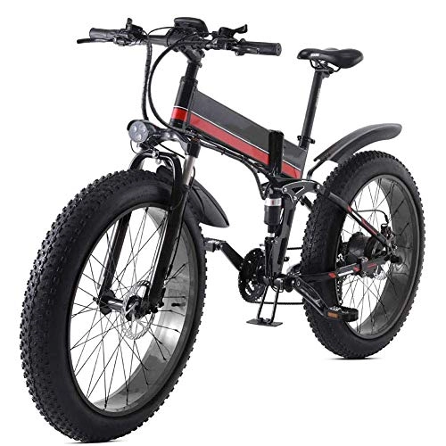 Electric Bike : CXY-JOEL Folding Mountain Electric Bicycle, 26 inch Adults Travel Electric Bicycle 4.0 Fat Tire 21 Speed Removable Lithium Battery with Rear Seat 1000W Brushless Motor, Black Red, Black Red