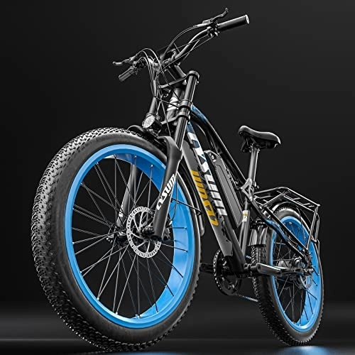 Electric Bike : cysum CM900 Pro Adult Electric Bike, 26 Inch Electric Fat Tire Bike, Men's Electric Mountain Bike, Beach Snow Mountain Ebike, 48v 17ah Removable Li-Battery, Range 90km, Colour LCD (Blue-Black)