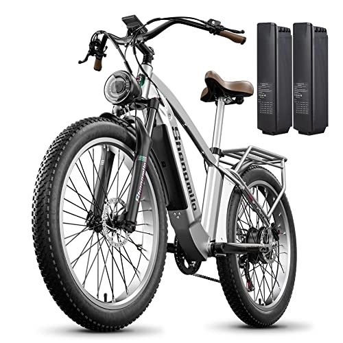 Electric Bike : Dual 15AH batteries, shengmilo 48V adult electric mountain bike, 26 * 3.0 snow tires ebike, equipped with bafang motor hydraulic oil brake Shimano 7 speed MTB (03Silver)