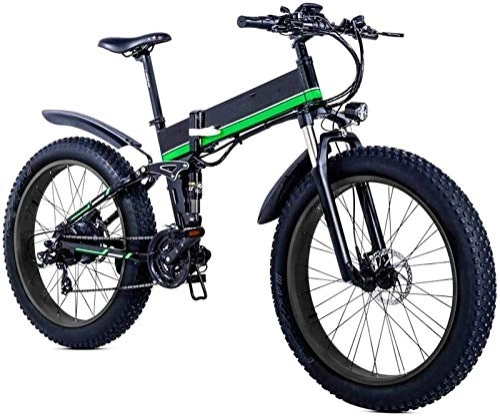 Electric Bike : Ebikes, Folding Mountain Electric Bicycle, 26 inch Adults Travel Electric Bicycle 4.0 Fat Tire 21 Speed Removable Lithium Battery with Rear Seat 1000W Brushless Motor (Color : Black green)