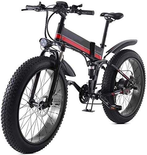 Electric Bike : Ebikes, Folding Mountain Electric Bicycle, 26 inch Adults Travel Electric Bicycle 4.0 Fat Tire 21 Speed Removable Lithium Battery with Rear Seat 1000W Brushless Motor (Color : Black red)